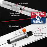 Comparison image showcasing the security pin feature on the premium version of the Heeve Aluminium Mobility Ramp, providing extra stability between sections