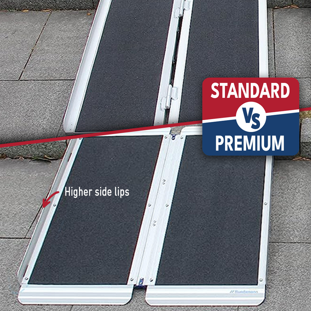 Image comparing the side lips of standard and premium models of the Heeve Aluminium Mobility Ramp, with the premium model featuring higher side lips for added safety