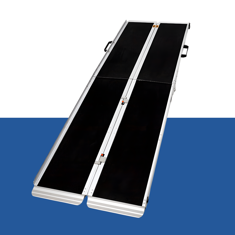 Heeve Aluminium Multi-Fold Mobility Ramp displayed on a blue and white background, demonstrating its sleek, durable construction