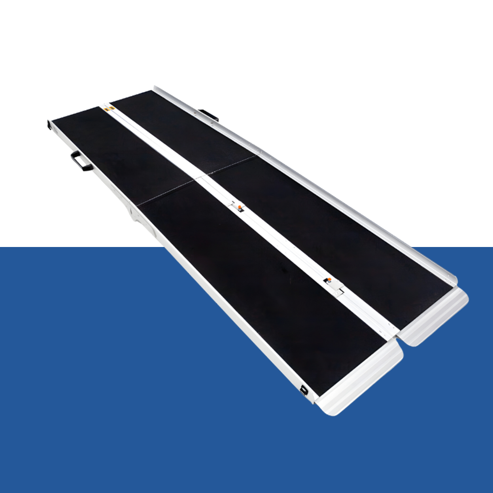 Side angle of the Heeve Aluminium Multi-Fold Mobility Ramp on a blue and white background, highlighting its lightweight yet robust design