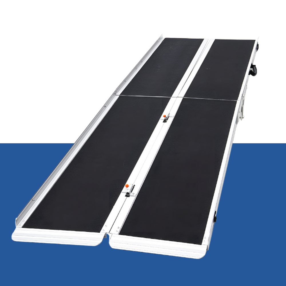 Side angle of the Heeve Aluminium Multi-Fold Mobility Ramp on a blue and white background, highlighting its lightweight yet robust design