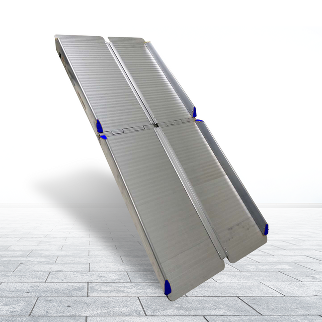 The Heeve Deluxe Multi-Fold Aluminium Wheelchair Ramp in an upright, folded position, showcasing its sleek and durable aluminium design with yellow safety edges