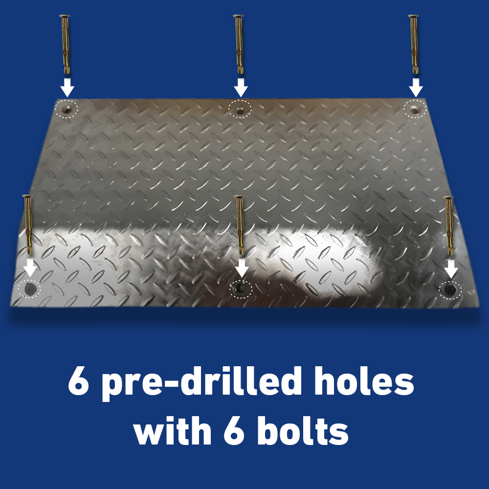 Pre-Drilled Steel Plate with Bolts Display - Detailed view of pre-drilled holes and included bolts.