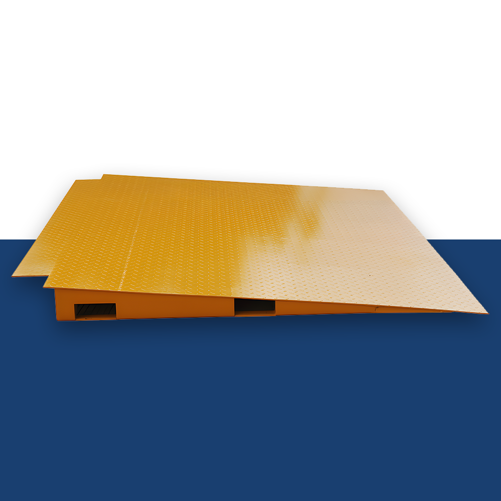 Heeve Heavy Duty Forklift Container Ramp on a blue background, displaying the full length of the ramp and its robust construction.