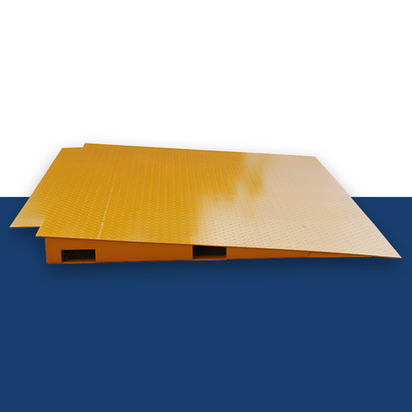 Heeve Heavy Duty Forklift Container Ramp on a blue background, displaying the full length of the ramp and its robust construction.