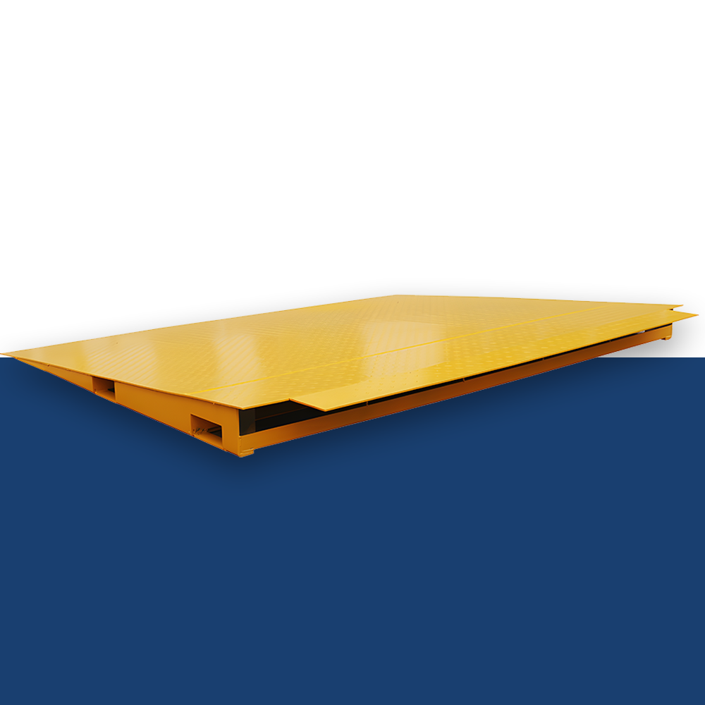 Side view of the Heeve Heavy Duty Forklift Container Ramp against a blue background, emphasising the low incline and sturdy design