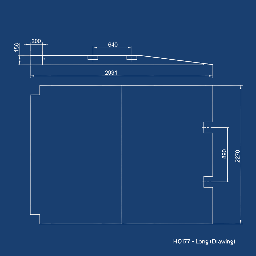 Technical drawing of the Heeve Heavy Duty Long Forklift Container Ramp, providing detailed measurements, including length, width, and angles for precision installation