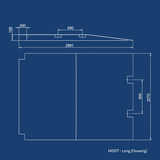 Technical drawing of the Heeve Heavy Duty Long Forklift Container Ramp, providing detailed measurements, including length, width, and angles for precision installation