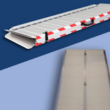 Aluminium wheelchair ramp folded and secured with red and white stripes for visibility, showing a top view and a side view of the ramp