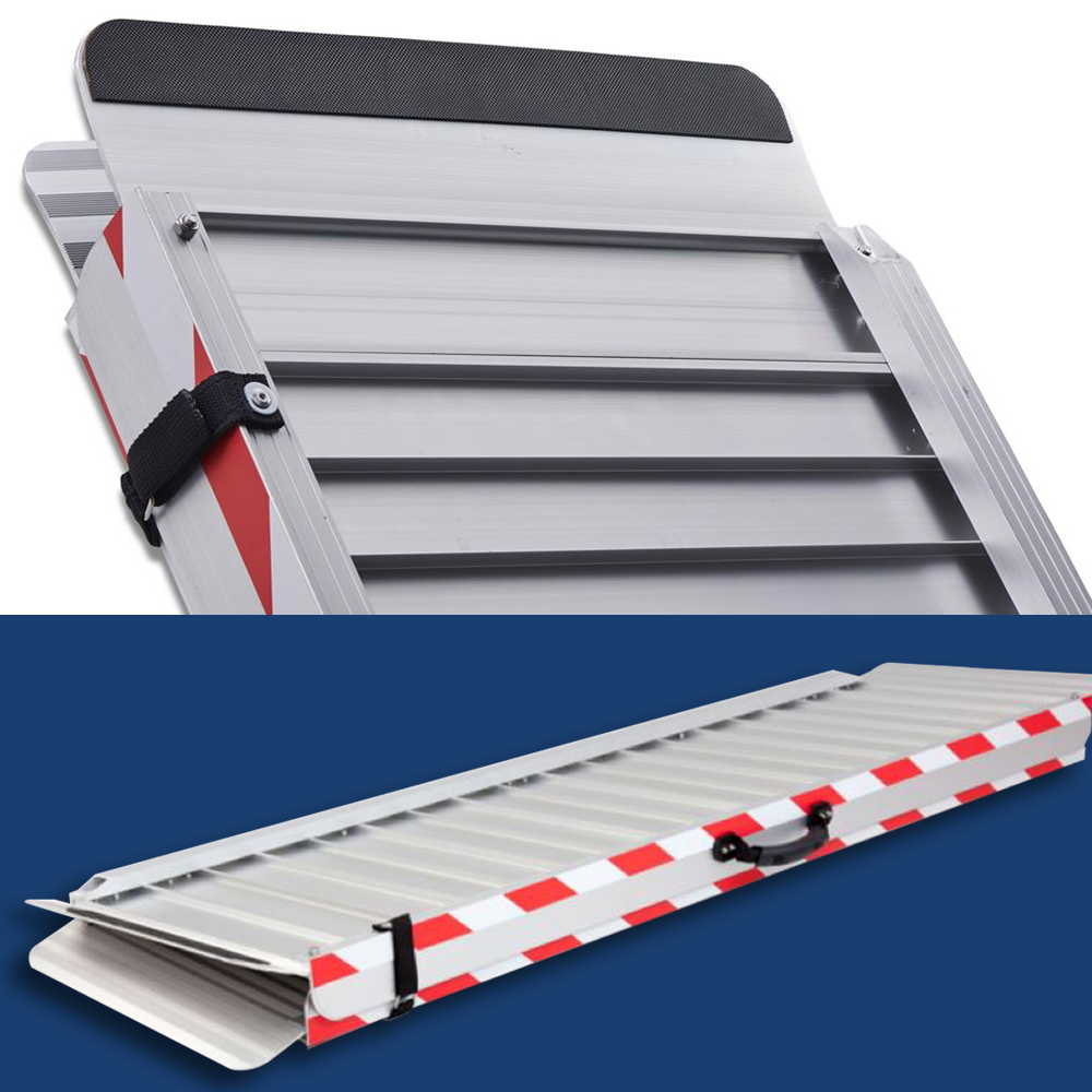 Heavy-duty aluminium wheelchair ramp with a close-up of the ramp's anti-slip surface and secure strap