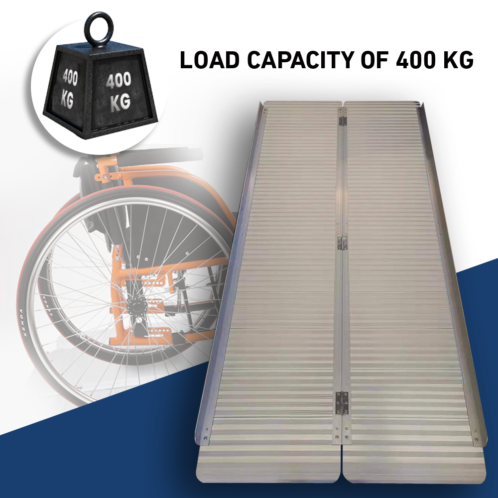 Heavy-duty aluminium wheelchair ramp with 400 kg load capacity displayed alongside a wheelchair image for scale