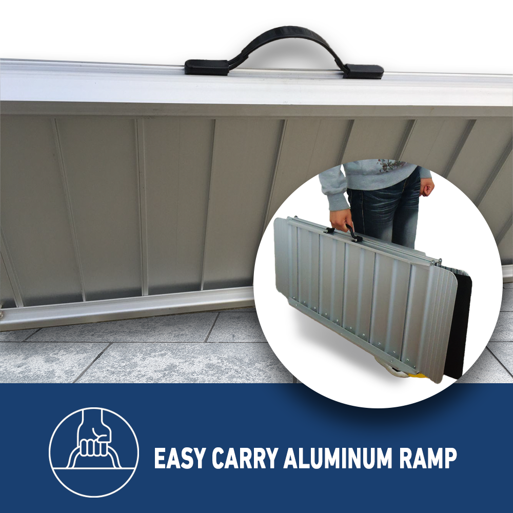 The Heeve lightweight aluminium wheelchair ramp in folded form, carried by a person using the easy-carry handle. Close-up inset showing the handle in detail