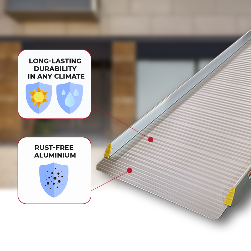 Close-up of the Heeve wheelchair ramp surface, showcasing durable, rust-free aluminium suitable for all climates