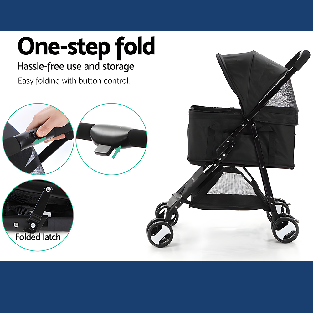 one step fold of i.Pet 3-in-1 Foldable Pet Stroller Dog Carrier Mid Size - Black