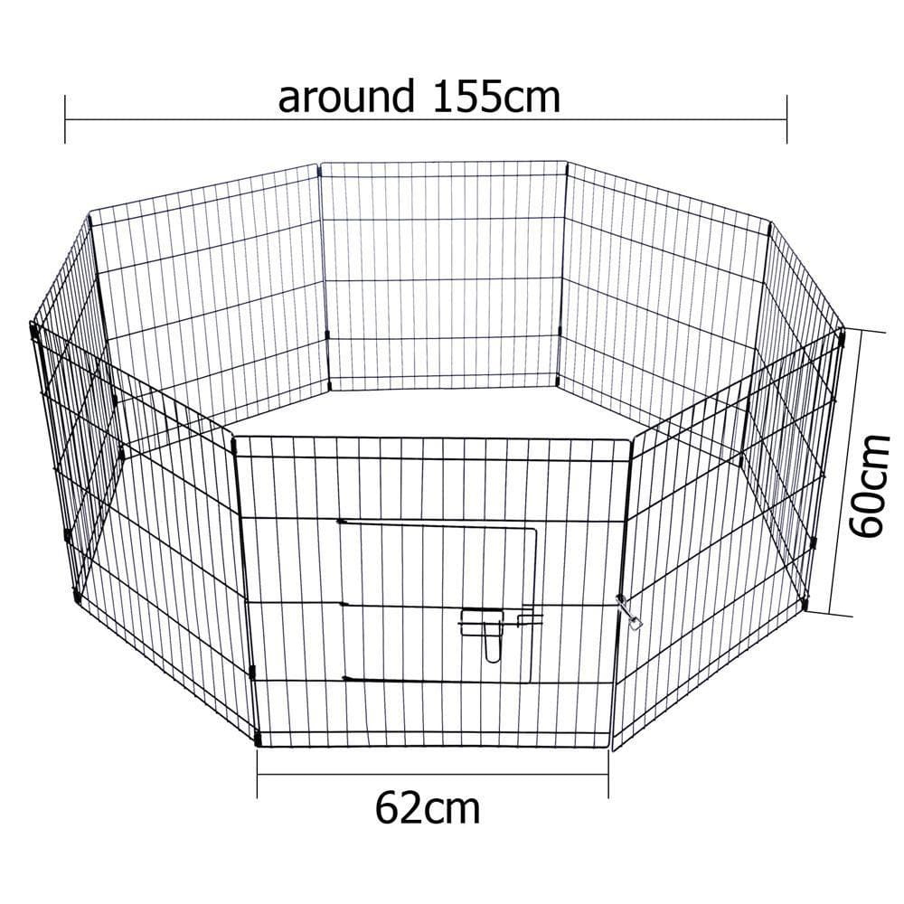 A black octagonal wire pet fence enclosure, featuring a door with a secure latch, displayed on a white background