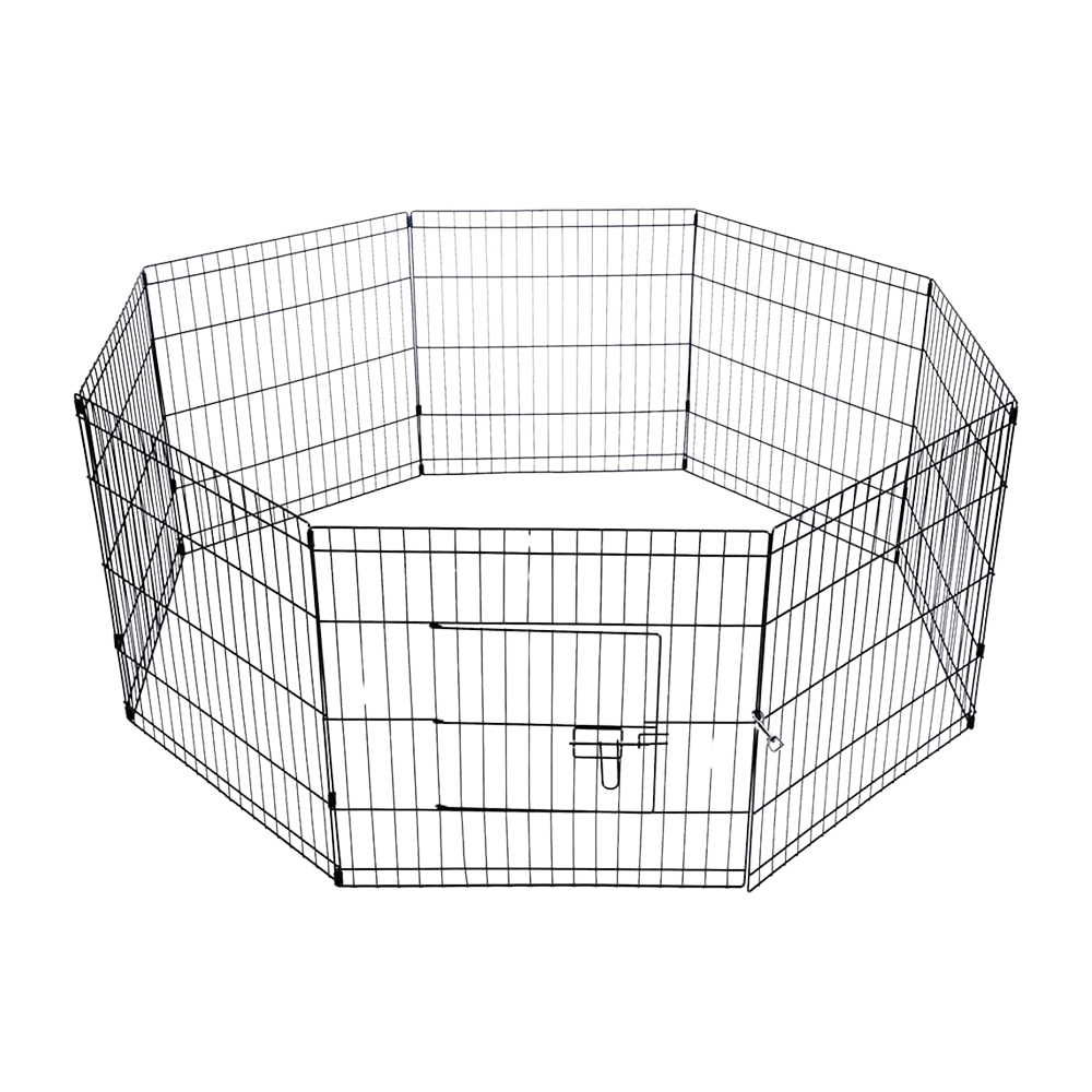 A black, octagonal wire fence enclosure for pets. The fence is made from metal panels connected together to create a play area for puppies or small animals.