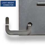 "Image showcasing alight-weight connector used for ground mats, with a close-up of a metal plate featuring four bolts for secure attachment. The background displays a section of the ground mat, emphasizing its textured surface and durability."