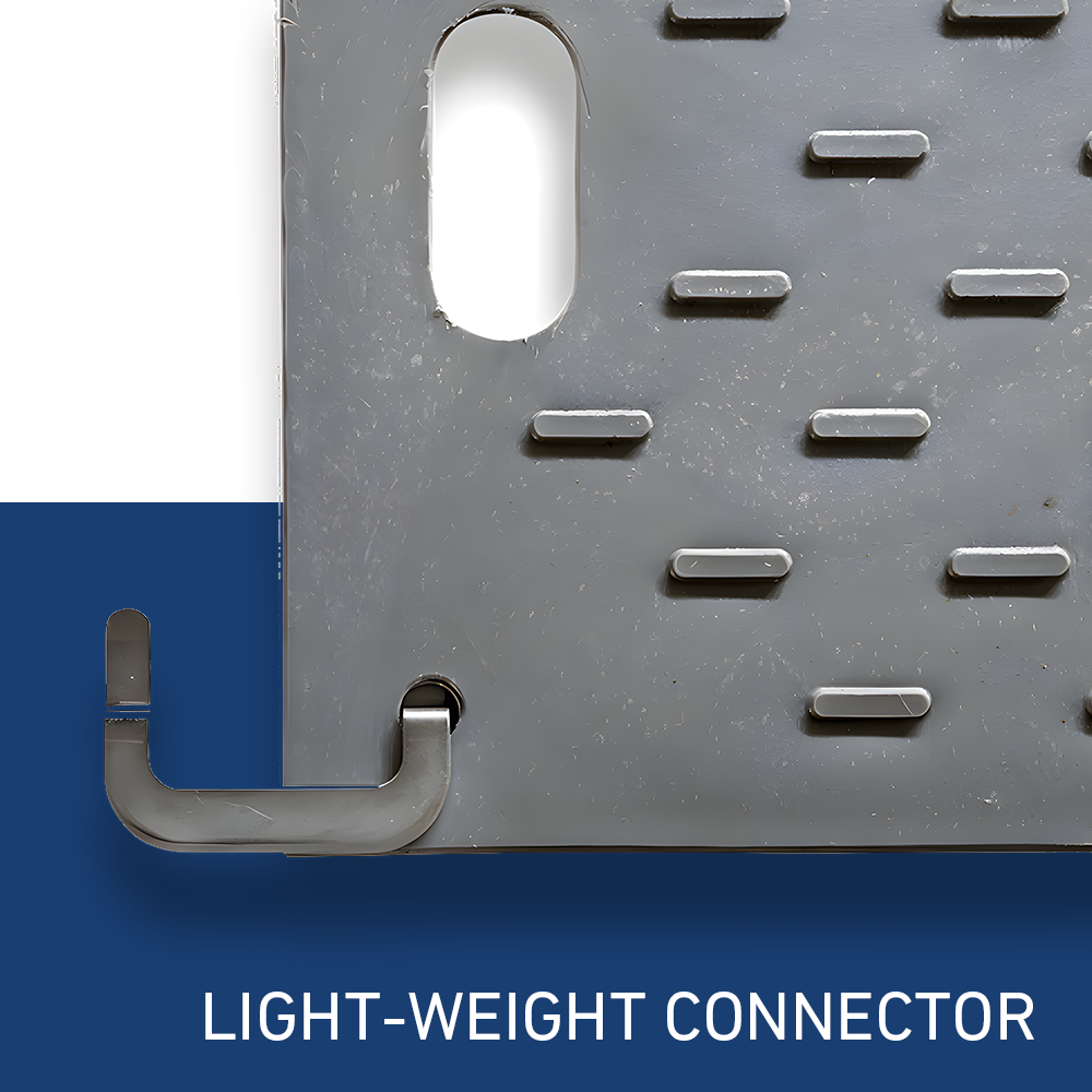 Image showcasing a light-weight connector used for ground mats, with a close-up of a metal plate featuring four bolts for secure attachment. The background displays a section of the ground mat, emphasizing its textured surface and durability