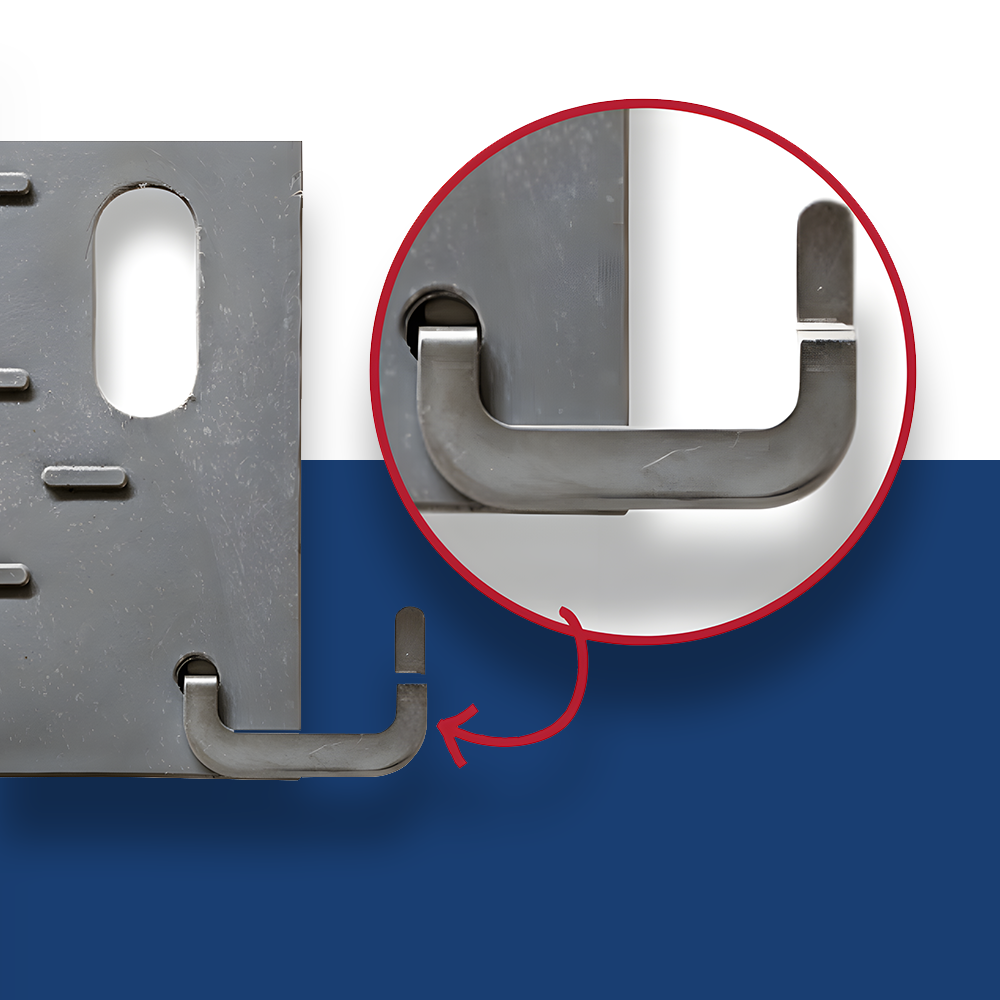 Close-up image of a U-shaped metal connector used for securing ground mats. The main view shows the connector in place on a mat, while a zoomed-in section highlights the details of the hook mechanism