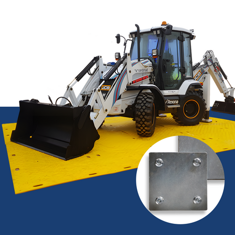 A heavy-duty construction vehicle is positioned on a bright yellow mat, with an inset close-up of a metal plate secured by four bolts