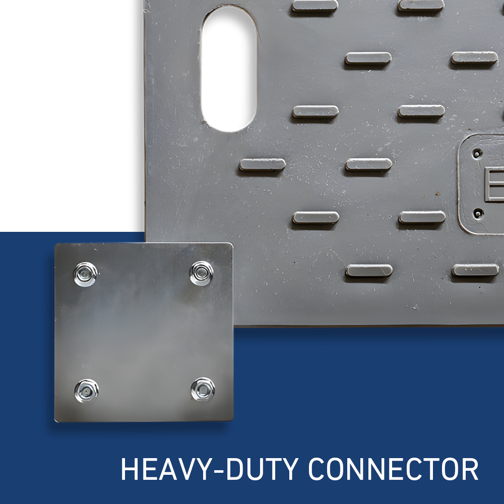 Image showcasing a heavy-duty connector used for ground mats, with a close-up of a metal plate featuring four bolts for secure attachment. The background displays a section of the ground mat, emphasizing its textured surface and durability