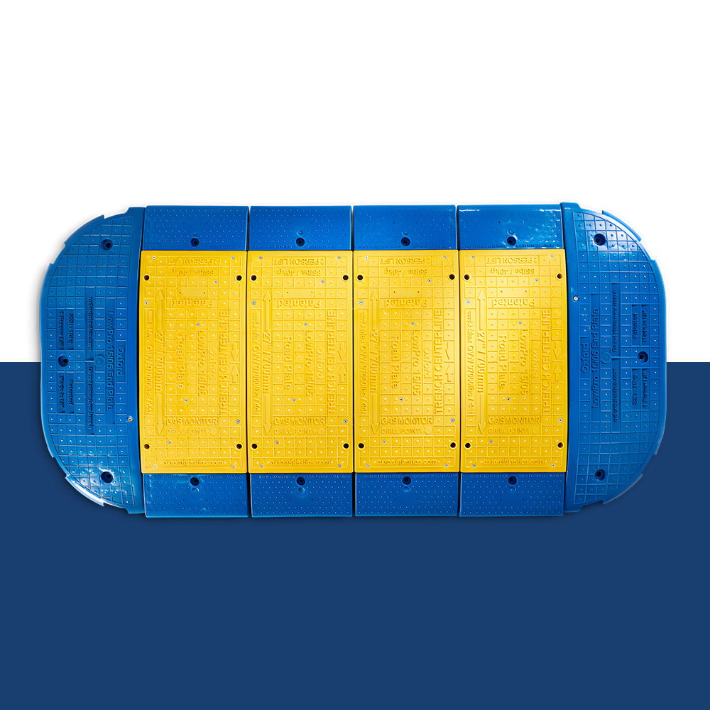 A top-down view of the LowPro system assembled with its distinctive blue and yellow segments. This layout showcases how the modular pieces fit together seamlessly for comprehensive road coverage