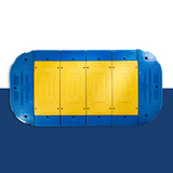 A top-down view of the LowPro system assembled with its distinctive blue and yellow segments. This layout showcases how the modular pieces fit together seamlessly for comprehensive road coverage