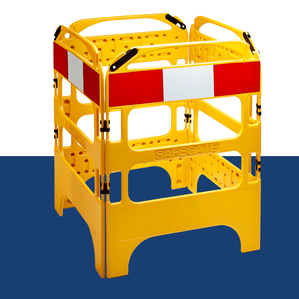 A yellow four-sided plastic safety barrier displayed for construction or public safety purposes