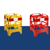 A yellow four-sided plastic safety barrier displayed next to a red one, both designed for construction or public safety purposes