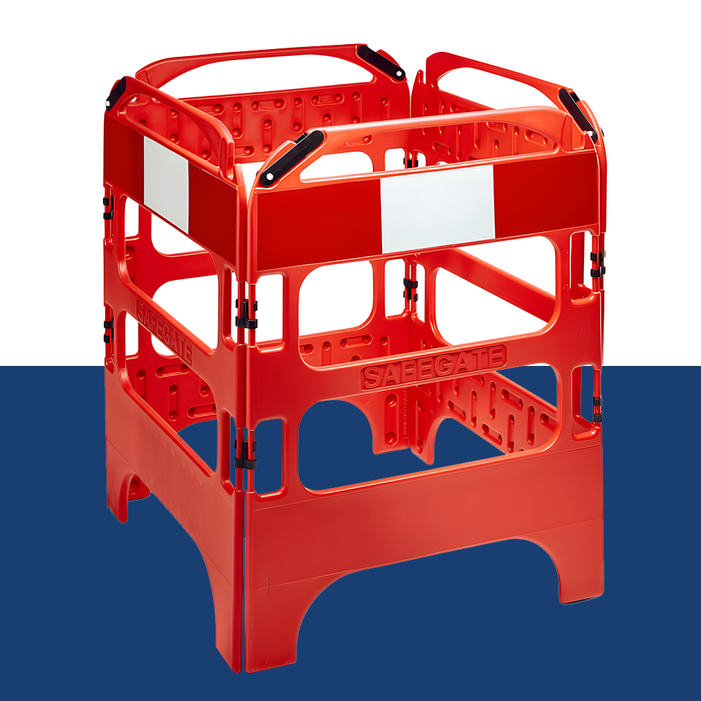 A red four-sided plastic safety barrier displayed against a blue and white background