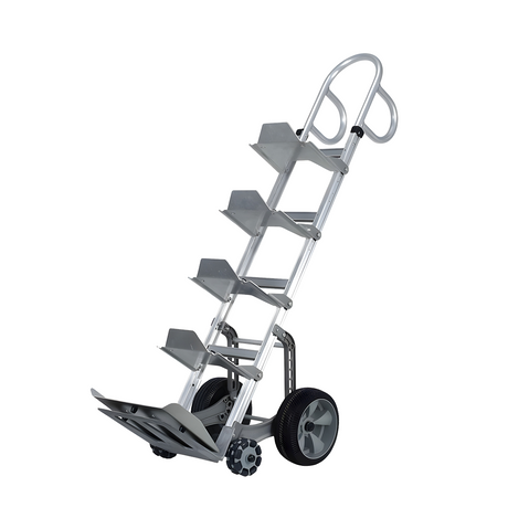 Another angle of the hand truck, partially loaded with bottles. This perspective highlights its tilted resting position and functionality, demonstrating how it accommodates different loading scenarios.