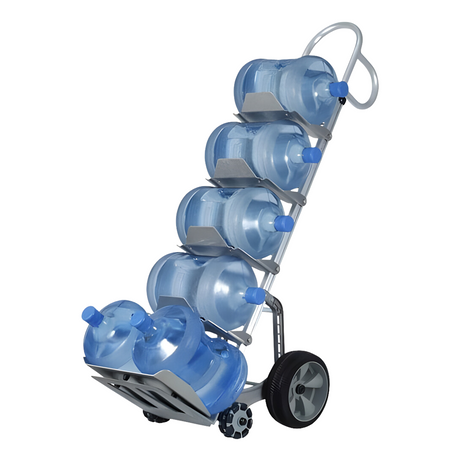 A hand truck designed to carry large water bottles is shown at an angle, fully loaded with five blue water bottles. It features a sturdy aluminium frame with two large wheels for stability and easy manoeuvrability.