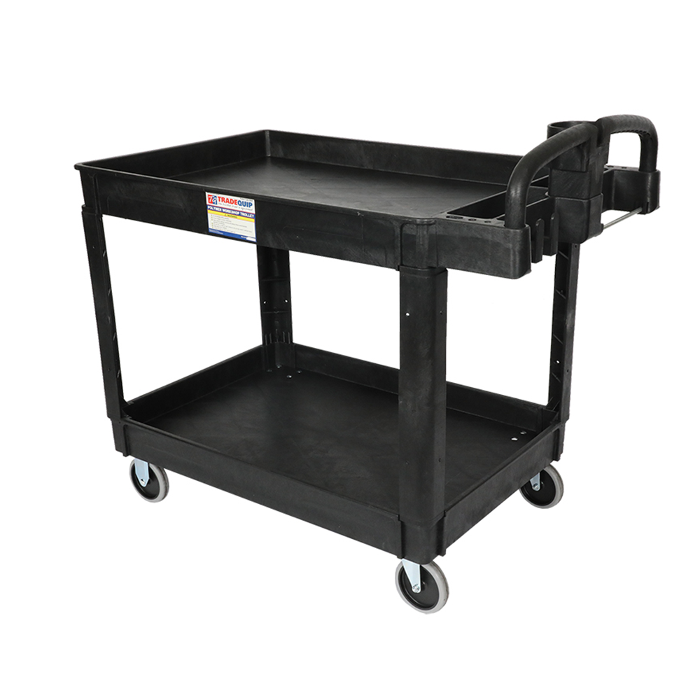 side view of TradeQuip Polymer Wide Workshop Trolley 2-Tray