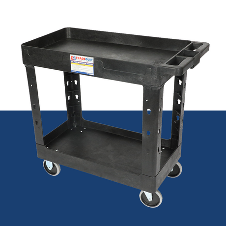 corner view of TradeQuip Polymer Workshop Trolley 2-Tray 