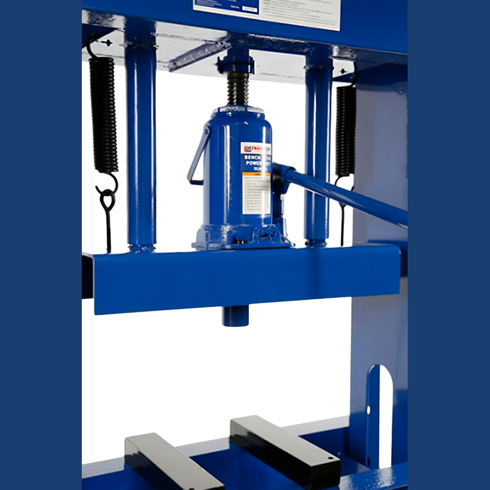 A full view of the entire hydraulic press unit. This image displays the complete press, including the frame, jack, bed plates, and the adjustable working height setup. The design is sturdy and ideal for heavy-duty applications.