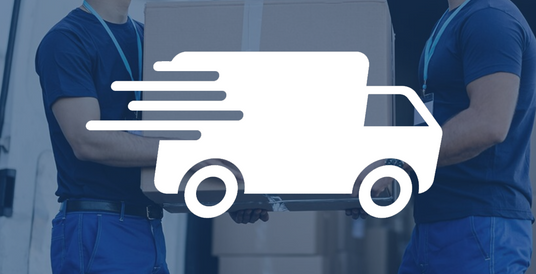 Two delivery personnel in blue uniforms handling a large cardboard box, with a white delivery truck icon overlay indicating fast shipping