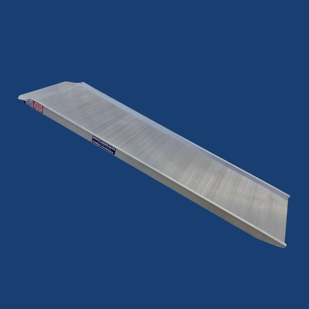 A standalone view of the ramp, displayed horizontally against a plain blue background. This image focuses on the ramp's textured surface, designed to provide excellent traction and prevent slipping.