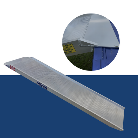 A promotional layout featuring the aluminium ramp. The ramp is displayed at an angle, highlighting its full length and non-folding structure. A circular close-up shows the ramp's reinforced lip, showcasing the sturdy welds and how it securely attaches to the loading surface.