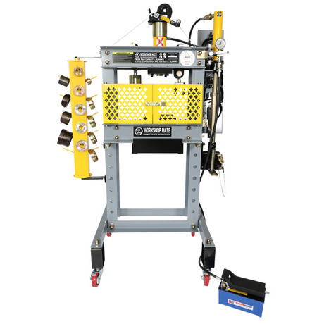 Front view of a heavy-duty hydraulic hose crimping machine, featuring an organised design and mounted on a wheeled frame.